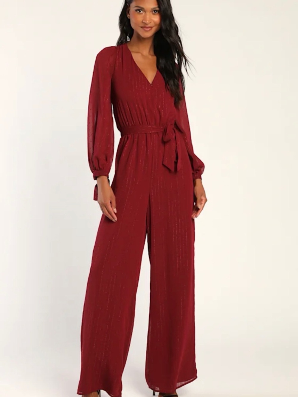 Lulu's Burgundy Swiss Dot Wrap-Front Wide-Leg Jumpsuit, Tie Waist, Small, NWT